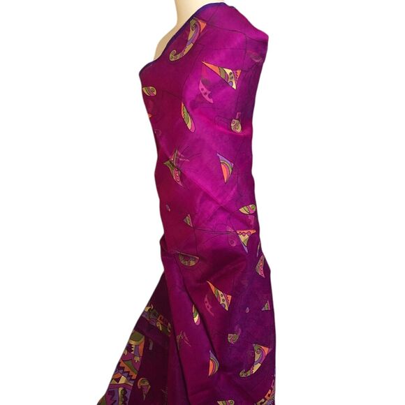 Silk Saree Sari Scarf Purple Fuchsia Orange Green Geometric Bollywood - Picture 2 of 5